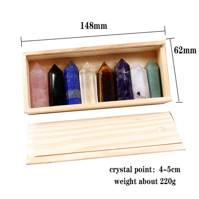 Wooden box of beautiful hand carved crystal points